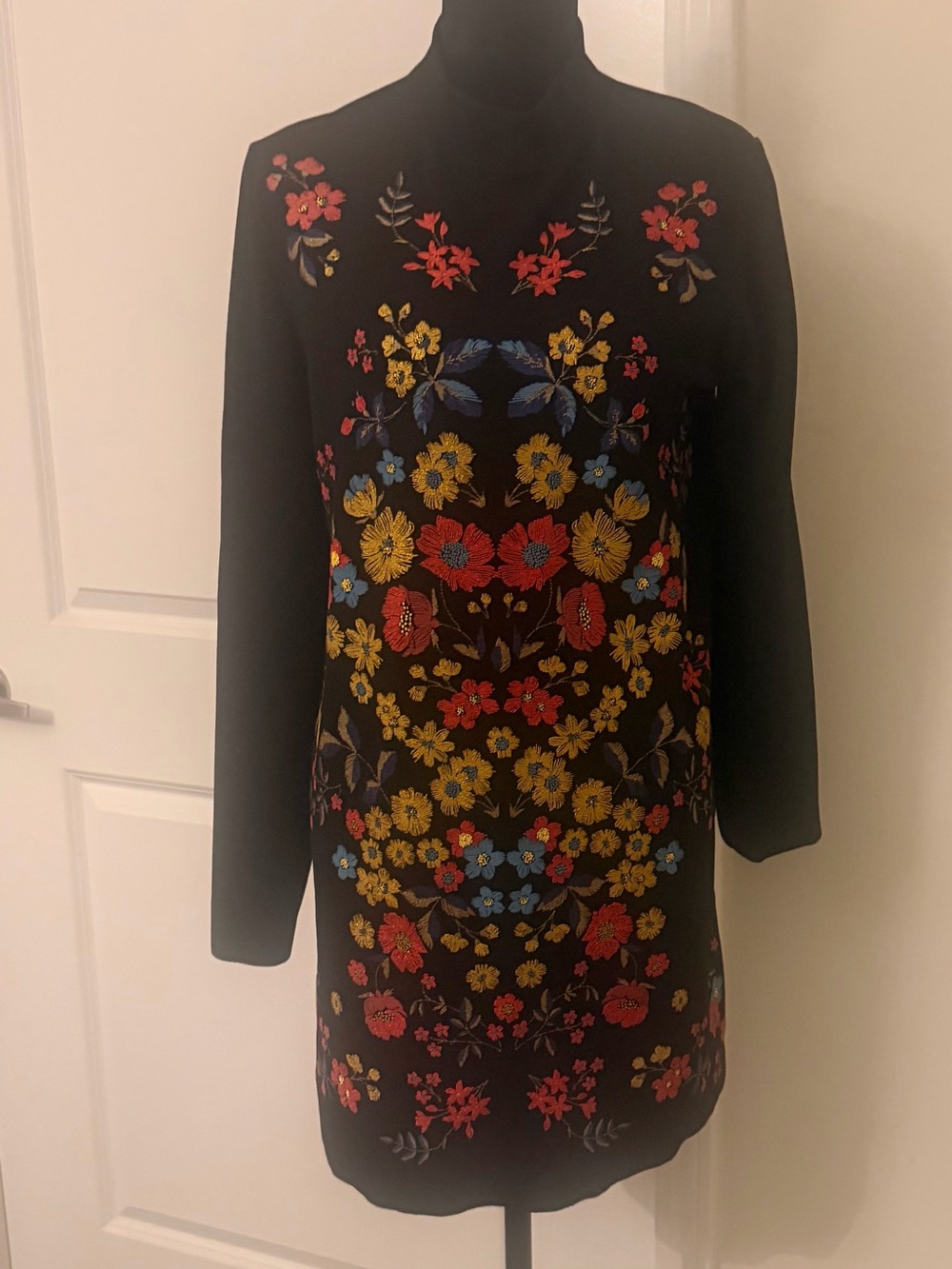 Zara Black Long Sleeve Dress with Red, Yellow and Blue Floral Embroidery